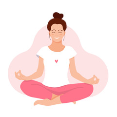 Girl meditates. Relax. Love yourself. Mental health concept. Meditation. Healthcare. Inner harmony with yourself. Take time for your self. Vector illustration. Woman meditating on white background
