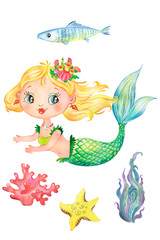 Obraz na płótnie Canvas Watercolor illustration of a little blonde mermaid, mermaid, tail, shells, corals, siren, fish.