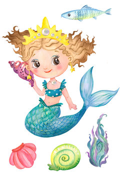 Watercolor illustration of a little mermaid, mermaid, tail, shells, seaweed.