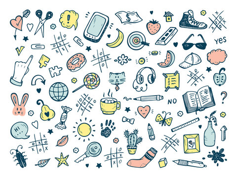 Workplace concept. Icons set. Mess on the table. Messy desk. Hand Drawn Doodle Tic Tac toe, Stationery, Food and other items that are on desktop. Back to school. Vector illustration
