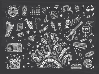 Vector Music icons set. Hand drawn doodle Musical Instruments, Retro musical equipment. Word Music.
