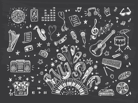 Vector Music icons set. Hand drawn doodle Musical Instruments, Retro musical equipment. Word Music.
