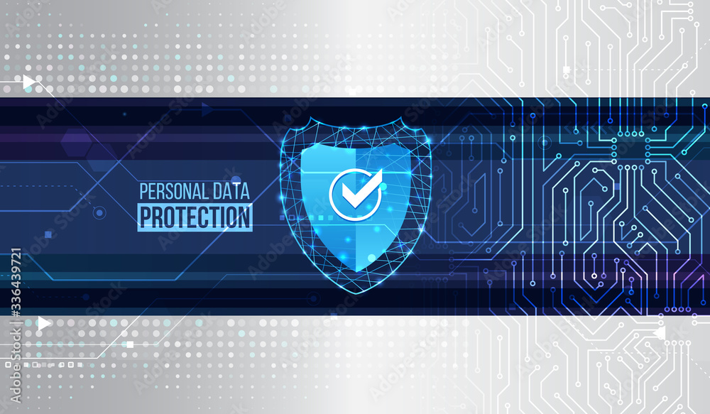 Leinwandbilder Data security system, information or network protection. Cyber security and data protection. Shield icon, future technology for verification. Abstract circuit board.
