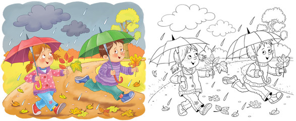 Four seasons. Cute boy and girl are playing outdoors. Coloring page. Coloring book. Illustration for children. Cute and funny cartoon characters