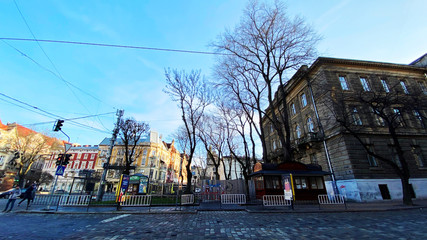 Lviv, Ukraine - December 08, 2019: Streets and architecture of the old city of Lviv