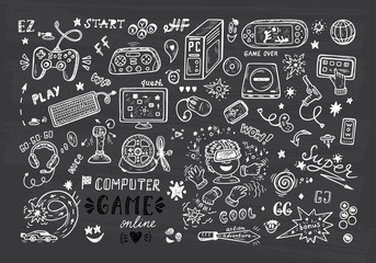 Gadget icons Vector Set. Hand Drawn Doodle Computer Game items. Video Games.

