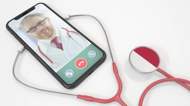 Doctor's video call on the phone and stethoscope bell with the Maltese flag. Telemedicine in Malta