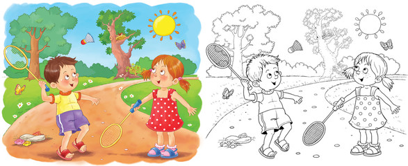 Four seasons. Cute boy and girl are playing outdoors. Coloring page. Coloring book. Illustration for children. Cute and funny cartoon characters