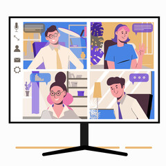 Work at home, freelance, remote work as a team. Online chatting colleagues and employees. Service for communication. Flat illustration isolated on white background. Virtual conference. Monitor screen