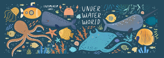 Underwater world! Vector cute illustration ocean or sea with octopus, whale, narwhal, jellyfish, various fish, water marine animals and plants isolated objects set. Drawings for banner, card, postcard