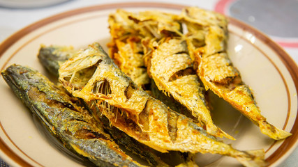 Close up view of fried mackerel fish serve in a plate on a table background.