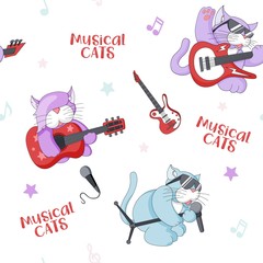 Seamless pattern with cute cartoon musican kittens on white background