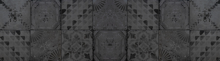 Black anthracite dark vintage retro geometric square mosaic motif cement tiles texture background...
