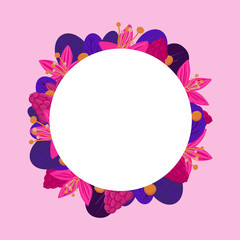 Summer pink round frame. Raspbery, flowers and leaves. Bright exotic circle border. Healthy vegetarian food. Fresh and juice fruits. Vector illustration