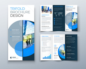 Tri fold brochure design with circle, corporate business template for tri fold flyer. Layout with modern photo and abstract circle background. Creative concept folded flyer or brochure.