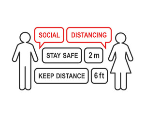 Social distancing concept with man and woman outline apart and speech bubbles filling the gap and distance. Prevention and safety measure against coronavirus.