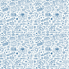 Gadget icons Vector Seamless pattern. Hand Drawn Doodle Computer Game items. Video Games Background.
