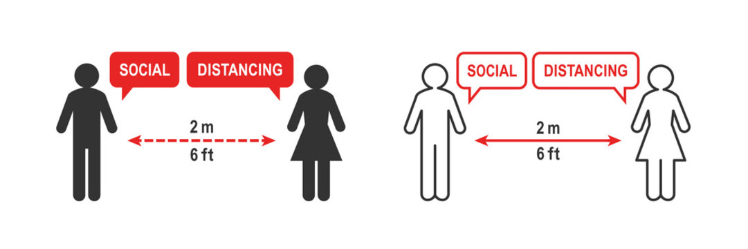Social distancing sign. Two people keeping a 2 meter or 6 feet distance. Arrow symbol between the two stick figure and outline silhouette. Pictogram isolated on white background.