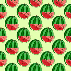 Seamless cartoon pattern with red green watermelon fruit. Hand drawn print on light green background for banner, poster, textile, postcard, wrapping paper and web design