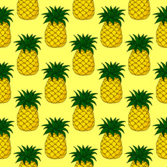 Seamless cartoon pattern with sweet fresh pineapple fruit. Colorful print on vibrant yellow background for cute banner, poster, textile, postcard, wrapping paper, candy wrapper and web design