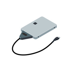 Isometric 3d external hard disk. SSD with usb connector icon isolated on white background. Portable extern memory drive. Vector illustration