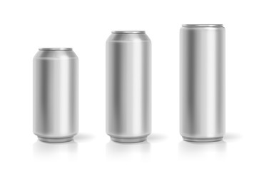 Realistic aluminum cans. Soda drink containers set. Lemonade or beer metallic can package. Vector realistic