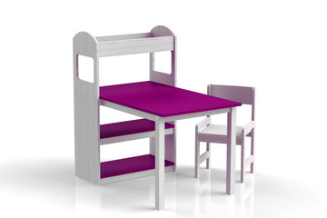 Furniture for children. Table with whatnot. Highchair. 3D render.