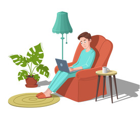 A young man is sitting with a laptop in armchair at home. Vector illustration.