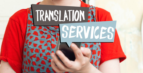 closeup woman holding phone, speech bubbles with translation and services concept 