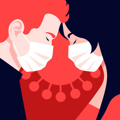 Profiles of heads. Faces of woman and man. Date and the epidemic. Coronavirus. Love in the distance. Family relationships. Husband and wife. Vector flat illustration