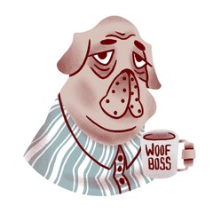 Dog in a strippes shirt with a cup