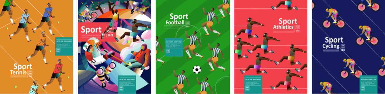 Sport games! Vector illustrations of athletes, tennis, football, running, jumping, athletics and cycling. Drawings for poster, banner and background.
