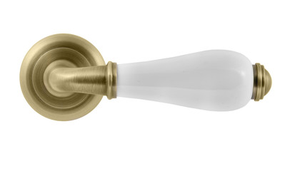 Door handle made of bronze and porcelain on a white background, front view