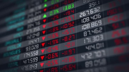 Stock market tickers going down in an economic crisis, with digital animation of the evolution of stock market prices. Financial chart of stock exchange data - 4K animation  - Powered by Adobe