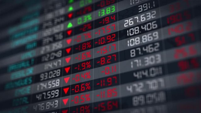 Stock market tickers going down in an economic crisis, with digital animation of the evolution of stock market prices. Financial chart of stock exchange data - 4K animation 