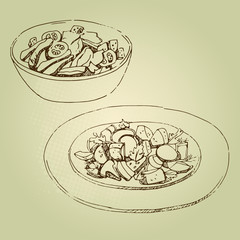 Vector hand drawn food sketch vegetable salad, Caesar salad. 