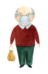 Retired in a protective mask during a pandemic. Grandfather on a white background in watercolor.