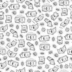 Money rain Vector Seamless pattern. Hand Drawn doodle Euro Banknotes and Coins
