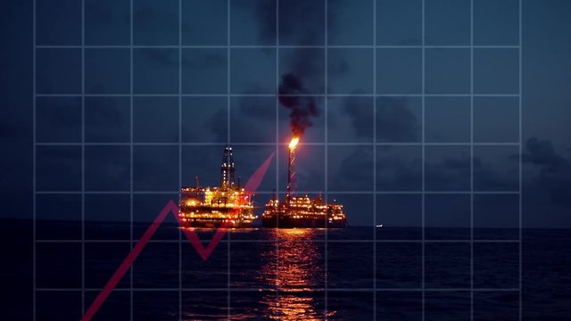 Concept of Oil price go up. Increase oil grow animation. Oil rig and platform on background at night time. 