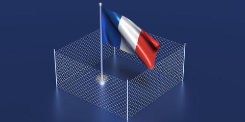 France flag enclosed with wire mesh fence. Coronavirus pandemic quarantine, 3d illustration