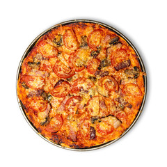 Fresh crispy pizza isolated on white background with shadow, top view. Studio shot. Use a clipping path for cut out object