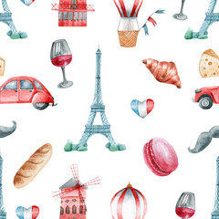 Seamless pattern with symbols of Paris and France, drawn in watercolor.