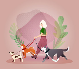 Young woman walking dogs. Dog sitter vector concept. Dog mama. Animal care. Work with animals. Dog training. Flat trendy vector illustration.