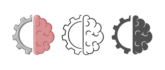 Brain engineering icons in different style Flat style. Half brain and half gear icon. Isolated on white background. Flat style. 