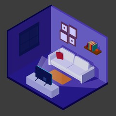 Night room design with TV in isometric style.