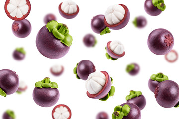 Falling mangosteen isolated on white background, selective focus