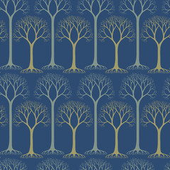 Seamless pattern with barren tree silhouettes. Hand drawn natural illustration with stylized trees. Pastel colors. Park and garden concept. Nature background. EPS 10 vector illustration