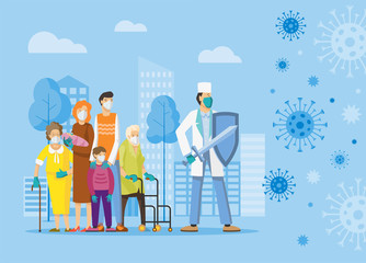 Fight against covid-19 corona virus. Medic protects people from the epidemic concept. Stop epidemic. Flat vector illustration.