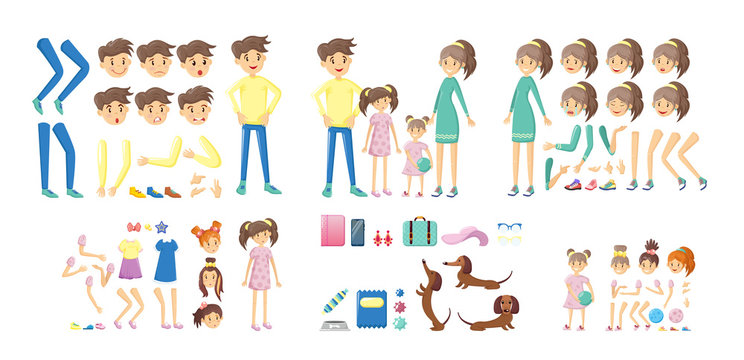 Family creation kit, cartoon character constructor. Body parts, face, facial expressions, body gesture. Parents and children in different poses. Create your own pose using family creation kit vector