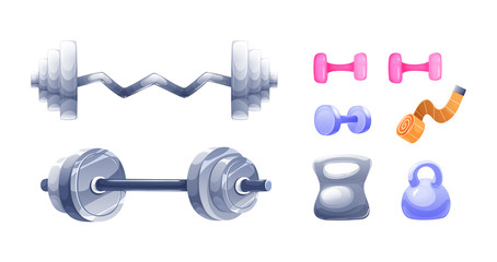 Equipment for strong muscles, slim figure, fitness exercise or yoga training. Gym powerlifting, sport bodybuilding tools. Weight, gymnastic ball, barbells, kettlebells, dumbbells. Vector illustration.